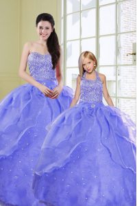 Lavender Ball Gowns Sweetheart Sleeveless Organza Floor Length Lace Up Beading Ball Gown Prom Dress