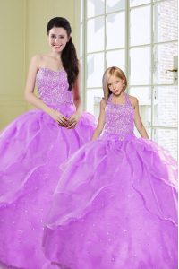 Suitable Floor Length Lace Up Quinceanera Dresses Lilac for Military Ball and Sweet 16 and Quinceanera with Beading and Sequins