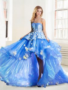 Fine Strapless Sleeveless 15th Birthday Dress High Low Appliques Blue Organza