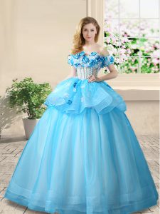 Pretty Baby Blue A-line Off The Shoulder Sleeveless Organza Floor Length Lace Up Beading and Appliques Quinceanera Gowns