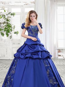 Glittering Pick Ups Off The Shoulder Cap Sleeves Lace Up Quince Ball Gowns Royal Blue Taffeta