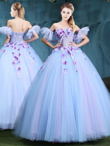 Spectacular Lavender Ball Gowns Tulle Sweetheart Sleeveless Appliques Floor Length Lace Up Quince Ball Gowns