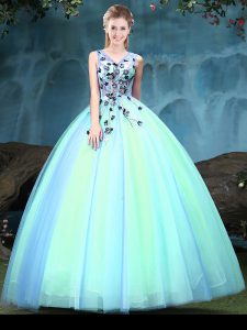 Low Price Sleeveless Floor Length Appliques Lace Up Quince Ball Gowns with Multi-color