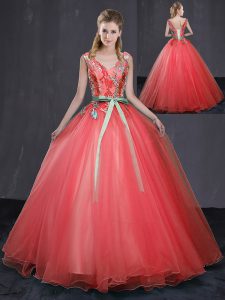 Coral Red Quinceanera Dress Military Ball and Sweet 16 and Quinceanera and For with Appliques and Belt V-neck Sleeveless Lace Up