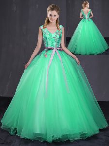 Fancy Tulle Sleeveless Floor Length Sweet 16 Dresses and Appliques and Belt