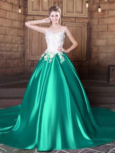 Scoop Sleeveless Elastic Woven Satin 15 Quinceanera Dress Lace and Appliques Court Train Lace Up