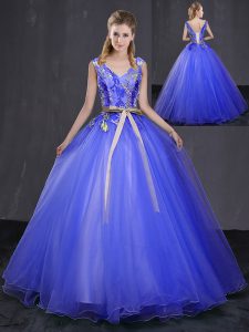 Royal Blue Lace Up Sweet 16 Dress Appliques and Belt Sleeveless Floor Length