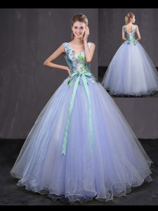 Sleeveless Quinceanera Dama Dress Floor Length Appliques and Belt Lavender Tulle
