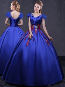 Royal Blue Satin Lace Up V-neck Cap Sleeves Floor Length Sweet 16 Dress Appliques