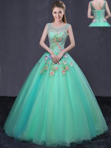 Scoop Turquoise Sleeveless Beading and Appliques Floor Length Sweet 16 Dresses
