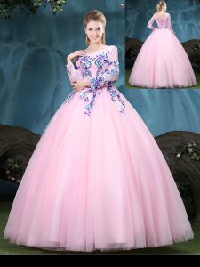 Exceptional Floor Length Baby Pink Quinceanera Gown Scoop Long Sleeves Lace Up