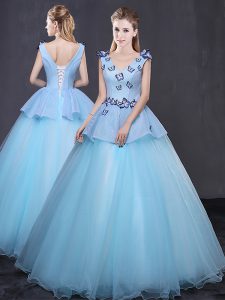 Floor Length Lace Up Quinceanera Dress Light Blue for Military Ball and Sweet 16 and Quinceanera with Appliques