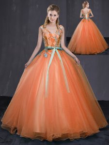 Unique Tulle Sleeveless Floor Length Quince Ball Gowns and Beading and Belt