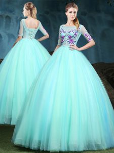 Apple Green Scoop Lace Up Appliques Quinceanera Dress Half Sleeves