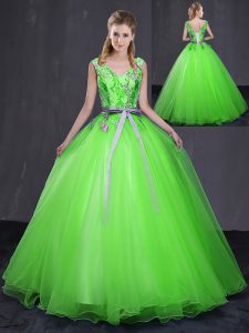 Inexpensive Sleeveless Tulle Floor Length Lace Up Sweet 16 Dresses in with Appliques and Belt