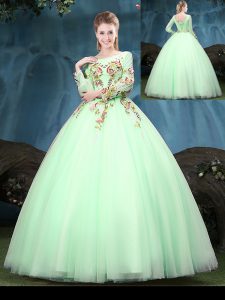 Apple Green Ball Gowns Scoop Long Sleeves Tulle Floor Length Lace Up Appliques Quinceanera Gowns