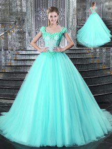 Aqua Blue Lace Up Straps Beading and Appliques Quinceanera Gown Tulle Sleeveless Brush Train