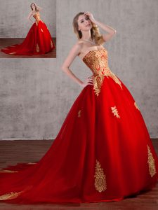 Red Lace Up Strapless Appliques Quince Ball Gowns Tulle Sleeveless Court Train