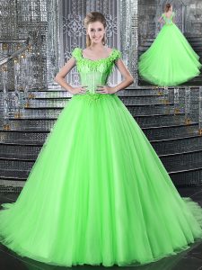 Hot Selling Straps Tulle Sleeveless With Train Sweet 16 Dresses Brush Train and Beading and Appliques
