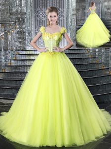 Straps Beading and Appliques Quince Ball Gowns Yellow Lace Up Sleeveless With Brush Train