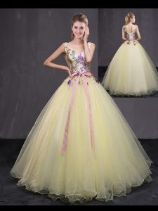 Delicate Tulle Sleeveless Floor Length Quince Ball Gowns and Appliques and Belt
