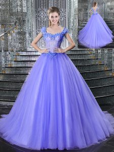 Straps Lavender Sleeveless Tulle Brush Train Lace Up Quinceanera Gown for Military Ball and Sweet 16 and Quinceanera