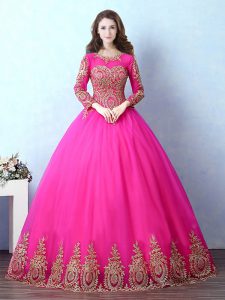 Scoop Fuchsia Lace Up Quinceanera Dresses Appliques Long Sleeves Floor Length