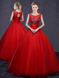 Cute Scoop Red Sleeveless Tulle Lace Up 15 Quinceanera Dress for Military Ball and Sweet 16 and Quinceanera