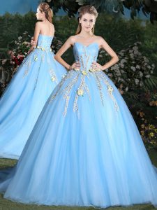 Light Blue Tulle Lace Up Sweetheart Sleeveless 15th Birthday Dress Brush Train Appliques