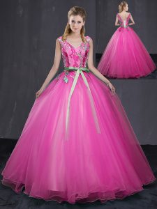 Smart Ball Gowns Ball Gown Prom Dress Hot Pink V-neck Tulle Sleeveless Floor Length Lace Up