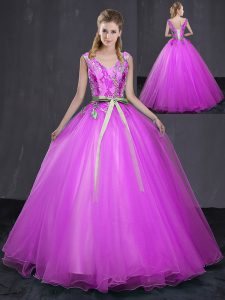Fuchsia Tulle Lace Up 15 Quinceanera Dress Sleeveless Floor Length Appliques and Belt