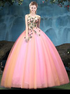 Exceptional Multi-color Ball Gowns V-neck Sleeveless Tulle Floor Length Lace Up Appliques 15th Birthday Dress