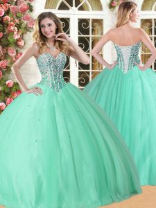 Floor Length Lace Up 15 Quinceanera Dress Apple Green for Military Ball and Sweet 16 and Quinceanera with Beading
