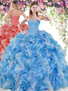 Custom Fit Sleeveless Organza Floor Length Lace Up Ball Gown Prom Dress in Blue And White with Beading and Ruffles