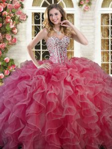 Modern Floor Length Coral Red Sweet 16 Quinceanera Dress Organza Sleeveless Beading and Ruffles