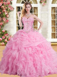 Rose Pink Lace Up Sweetheart Appliques and Ruffles and Pick Ups Vestidos de Quinceanera Tulle Sleeveless