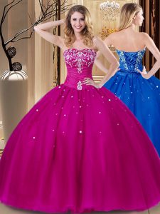 Deluxe Fuchsia Sweetheart Neckline Beading and Embroidery Quinceanera Dress Sleeveless Lace Up