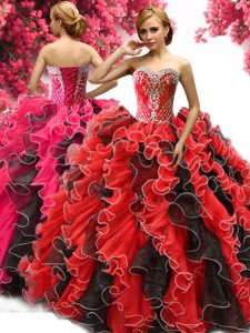 Red And Black Quince Ball Gowns Military Ball and Sweet 16 and Quinceanera and For with Beading and Ruffles Sweetheart Sleeveless Lace Up