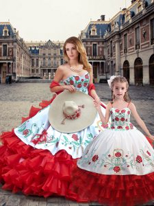 Discount White And Red Quinceanera Gown Military Ball and Sweet 16 and Quinceanera and For with Embroidery Sweetheart Sleeveless Lace Up