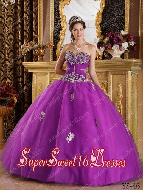 Fuchsia Appliques Ball Gown Sweetheart Tulle 2014 Quinceanera Dress
