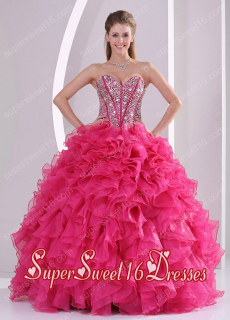 Hot Pink Ball Gown Sweetheart Ruffles and Beading Long Organza Custom Made Sweet 16 Dresses