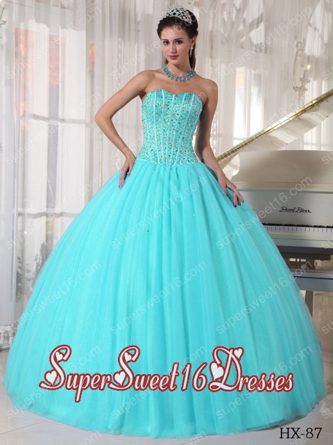Aqua Blue Ball Gown Sweetheart With Tulle Beading Cute Sweet Sixteen Dresses