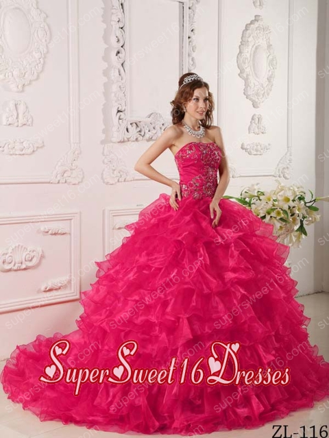 Hot Pink Ball Gown Strapless Floor-length Organza Ruffles And Embroidery Custom Made Sweet 16 Dresses