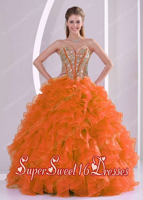 Orange Red Sweetheart Ruffles and Beaded Decorate 15th Birthday Party Dresses