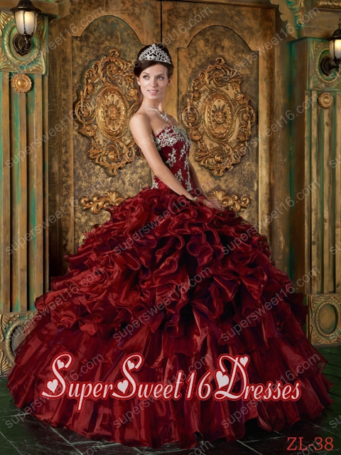 Organza Wine Red Ball Gown Strapless Ruffles Elegant Sweet 16 Dresses