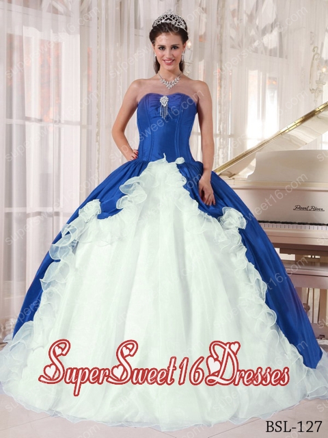 Blue and White Ball Gown Sweetheart Floor-length 15th Birthday Party Dresses with Beading