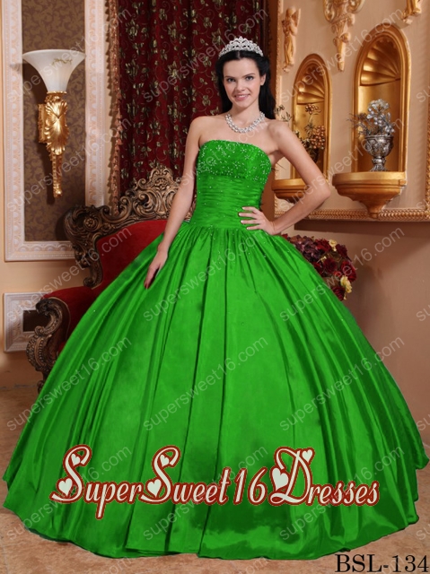 Green Ball Gown Strapless Taffeta Beading Elegant Sweet 16 Dresses