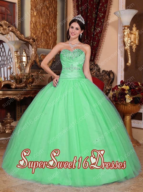 Spring Green Sweetheart Ball Gown Tulle and Taffeta Military Ball Dress with Beading and Ruching