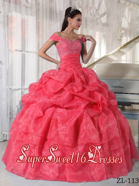 Watermelon Ball Gown Off The Shoulder Taffeta and Organza Beading Modest Sweet Sixteen Dresses