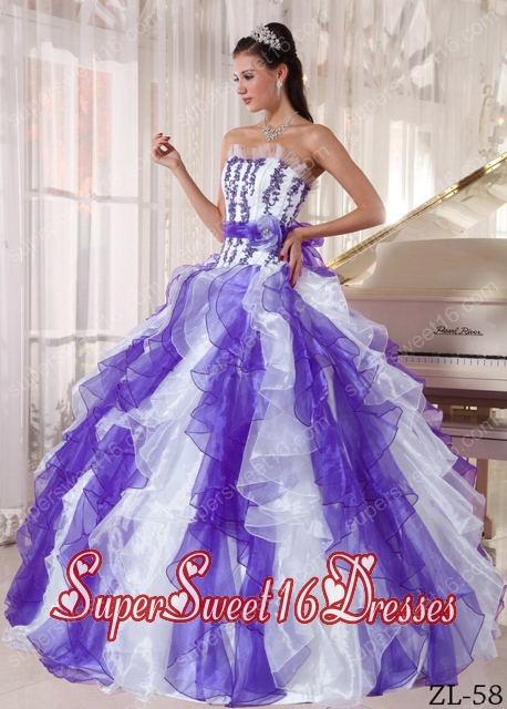 White and Purple Strapless Organza Beading 15th Birthday Party Dresses